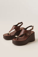 Wedge Toe Ring Sandals T-Strap - Brown Matte-Wedge Toe Ring Sandals T-Strap - Brown Matte
