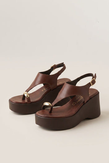 Wedge Toe Ring Sandals T-Strap - Brown Matte-Wedge Toe Ring Sandals T-Strap - Brown Matte