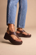 Wedge Toe Ring Sandals T-Strap - Brown Matte-Wedge Toe Ring Sandals T-Strap - Brown Matte