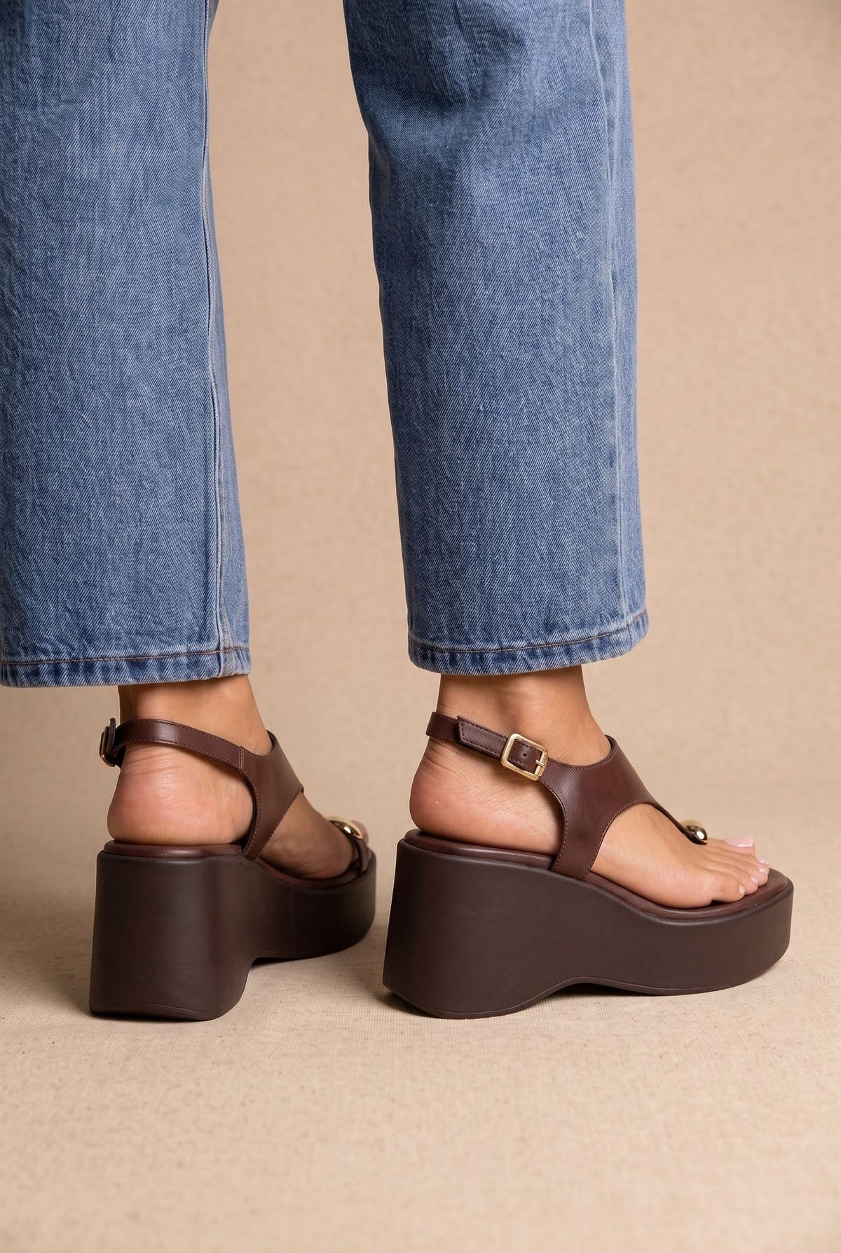 Wedge Toe Ring Sandals T-Strap - Brown Matte-Wedge Toe Ring Sandals T-Strap - Brown Matte
