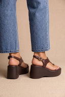 Wedge Toe Ring Sandals T-Strap - Brown Matte-Wedge Toe Ring Sandals T-Strap - Brown Matte