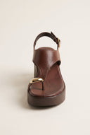 Wedge Toe Ring Sandals T-Strap - Brown Matte-Wedge Toe Ring Sandals T-Strap - Brown Matte