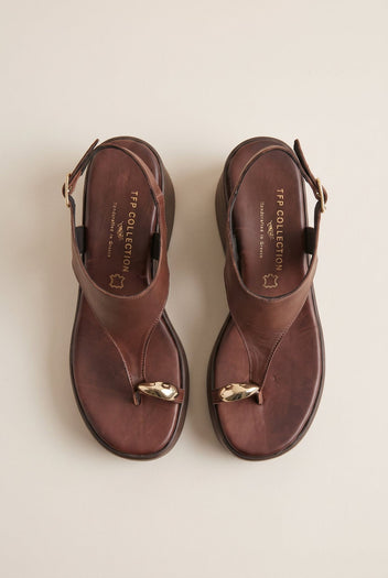 Wedge Toe Ring Sandals T-Strap - Brown Matte-Wedge Toe Ring Sandals T-Strap - Brown Matte