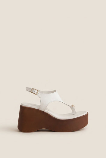 Wedge Toe Ring Sandals T-Strap - White Matte-Wedge Toe Ring Sandals T-Strap - White Matte