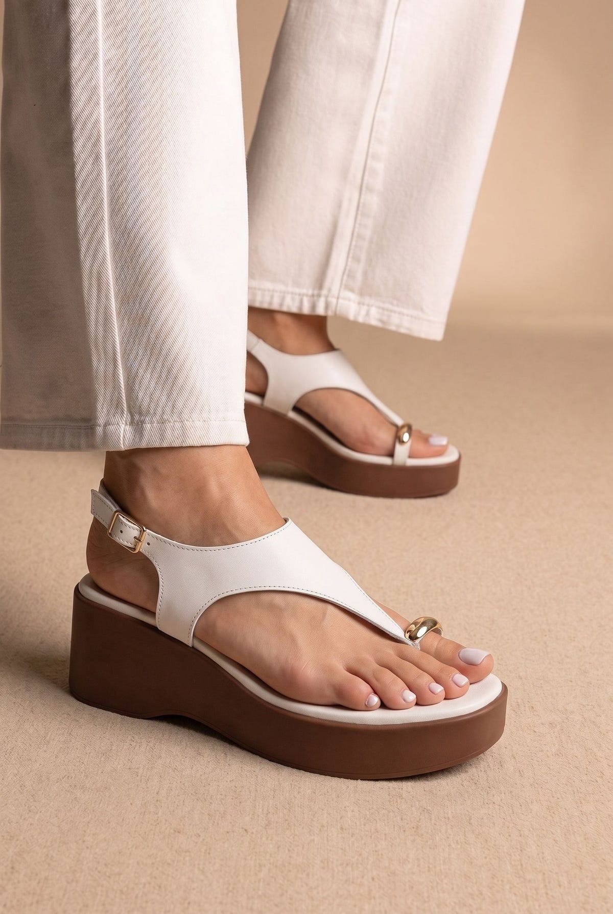 Wedge Toe Ring Sandals T-Strap - White Matte-Wedge Toe Ring Sandals T-Strap - White Matte