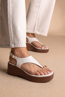 Wedge Toe Ring Sandals T-Strap - White Matte-Wedge Toe Ring Sandals T-Strap - White Matte