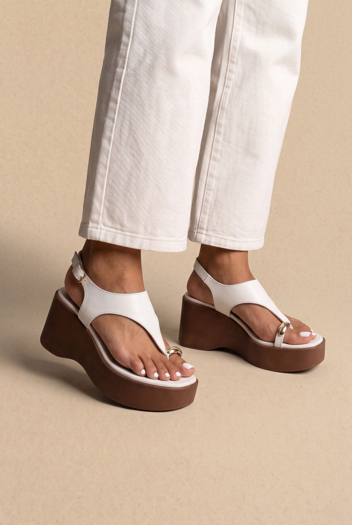 Wedge Toe Ring Sandals T-Strap - White Matte-Wedge Toe Ring Sandals T-Strap - White Matte