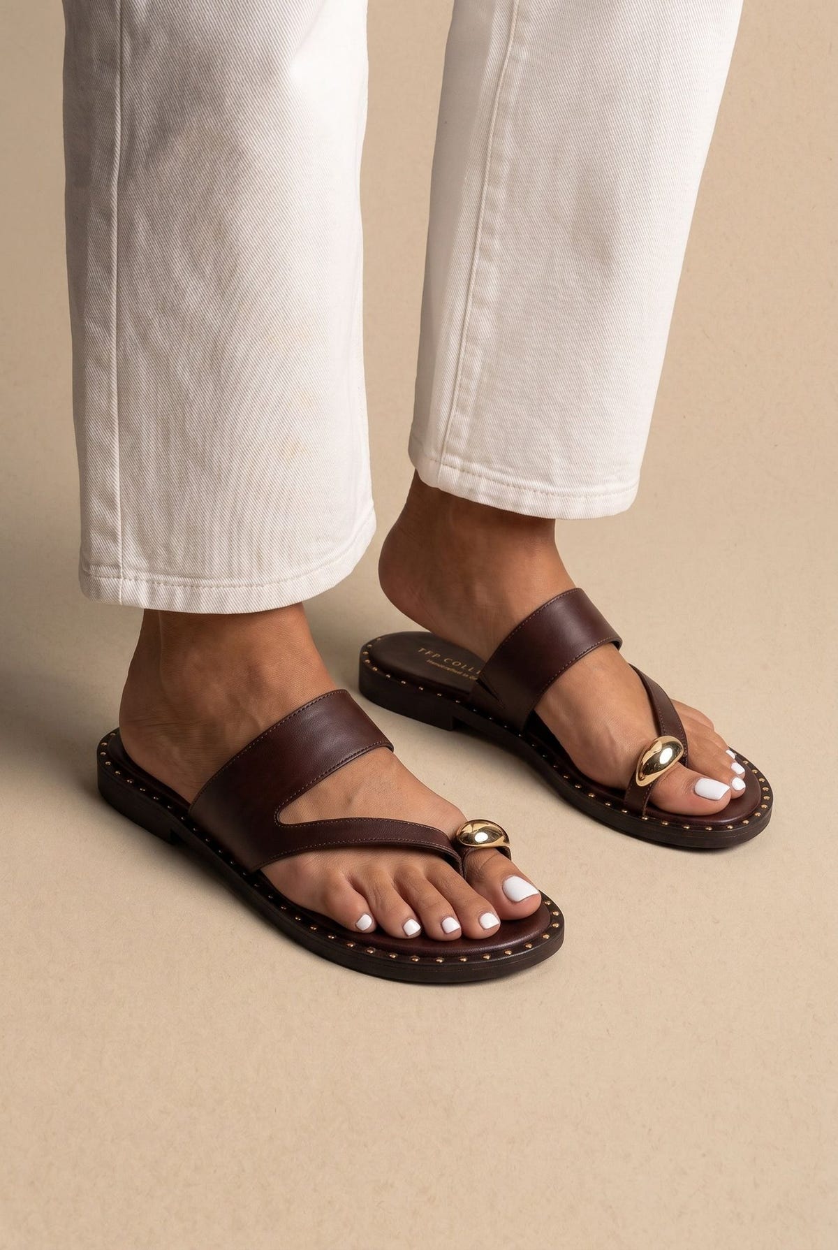 Toe Ring Sandals Studded Sole - Brown Matte-Toe Ring Sandals Studded Sole - Brown Matte