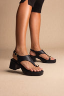 Block Heel Toe Ring Sandals T-Strap - Black Matte-Block Heel Toe Ring Sandals T-Strap - Black Matte