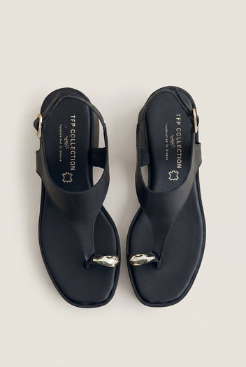 Block Heel Toe Ring Sandals T-Strap - Black Matte-Block Heel Toe Ring Sandals T-Strap - Black Matte