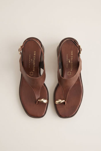 Block Heel Toe Ring Sandals T-Strap - Brown Matte-Block Heel Toe Ring Sandals T-Strap - Brown Matte