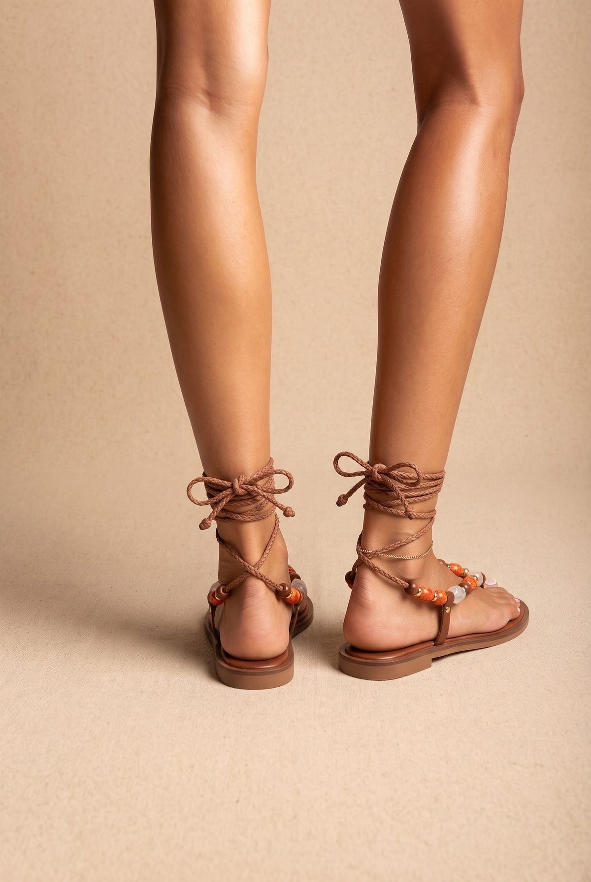 Flat Sandals Thong Lace Up - Tan Matte-Flat Sandals Thong Lace Up - Tan Matte