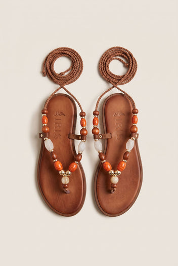 Flat Sandals Thong Lace Up - Tan Matte-Flat Sandals Thong Lace Up - Tan Matte