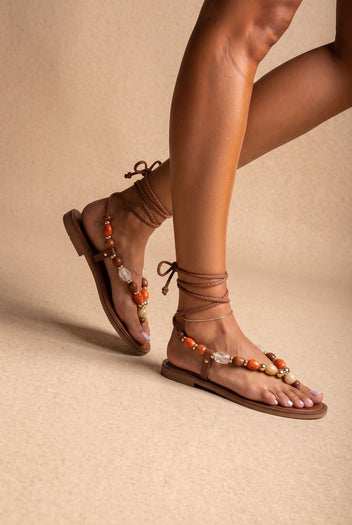 Flat Sandals Thong Lace Up - Tan Matte-Flat Sandals Thong Lace Up - Tan Matte