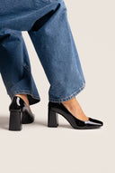Block Heel Pumps Square Toe - Black Patent