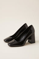 Block Heel Pumps Square Toe - Black Patent