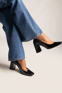 Block Heel Pumps Square Toe - Black Patent
