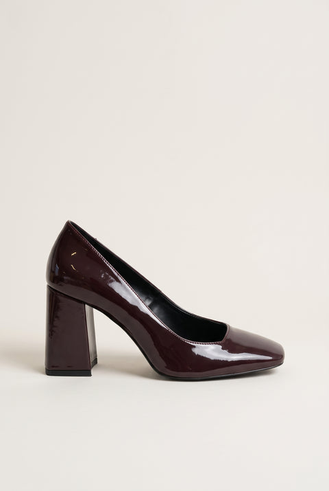 Block Heel Pumps Square Toe - Brown Patent