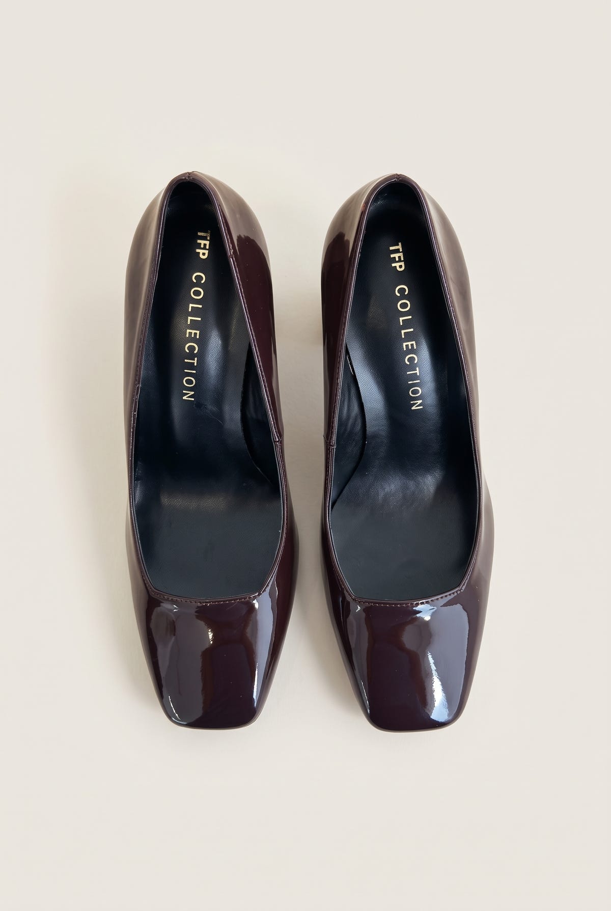 Block Heel Pumps Square Toe - Brown Patent