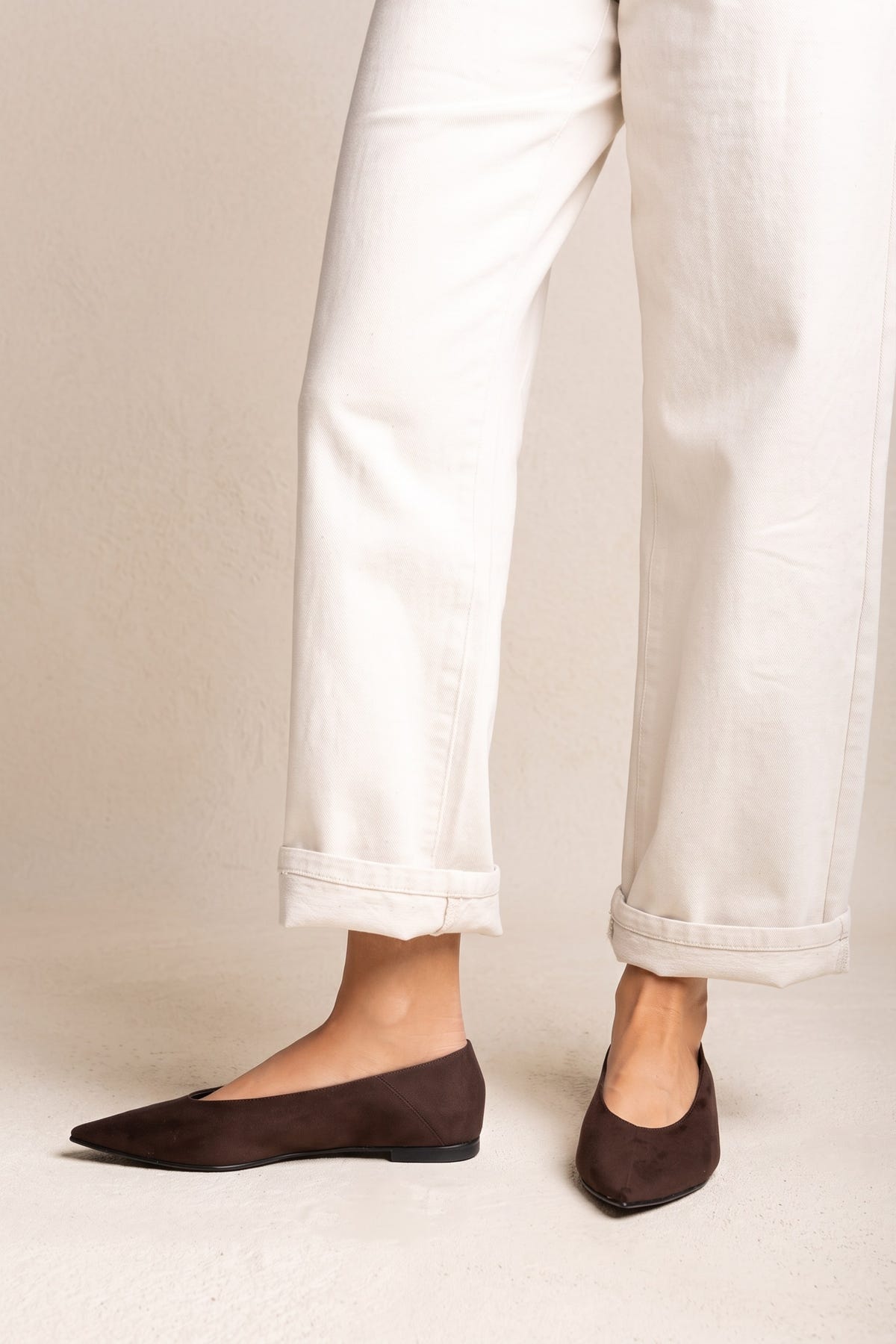 Pointed Toe Ballet Flats - Brown Suede
