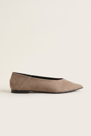 Pointed Toe Ballet Flats - Beige Suede