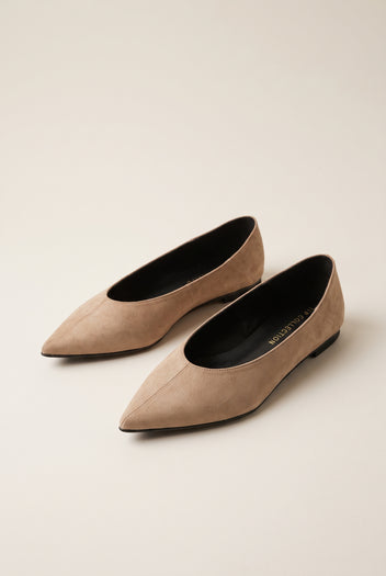 Pointed Toe Ballet Flats - Beige Suede