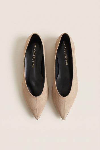 Pointed Toe Ballet Flats - Beige Suede