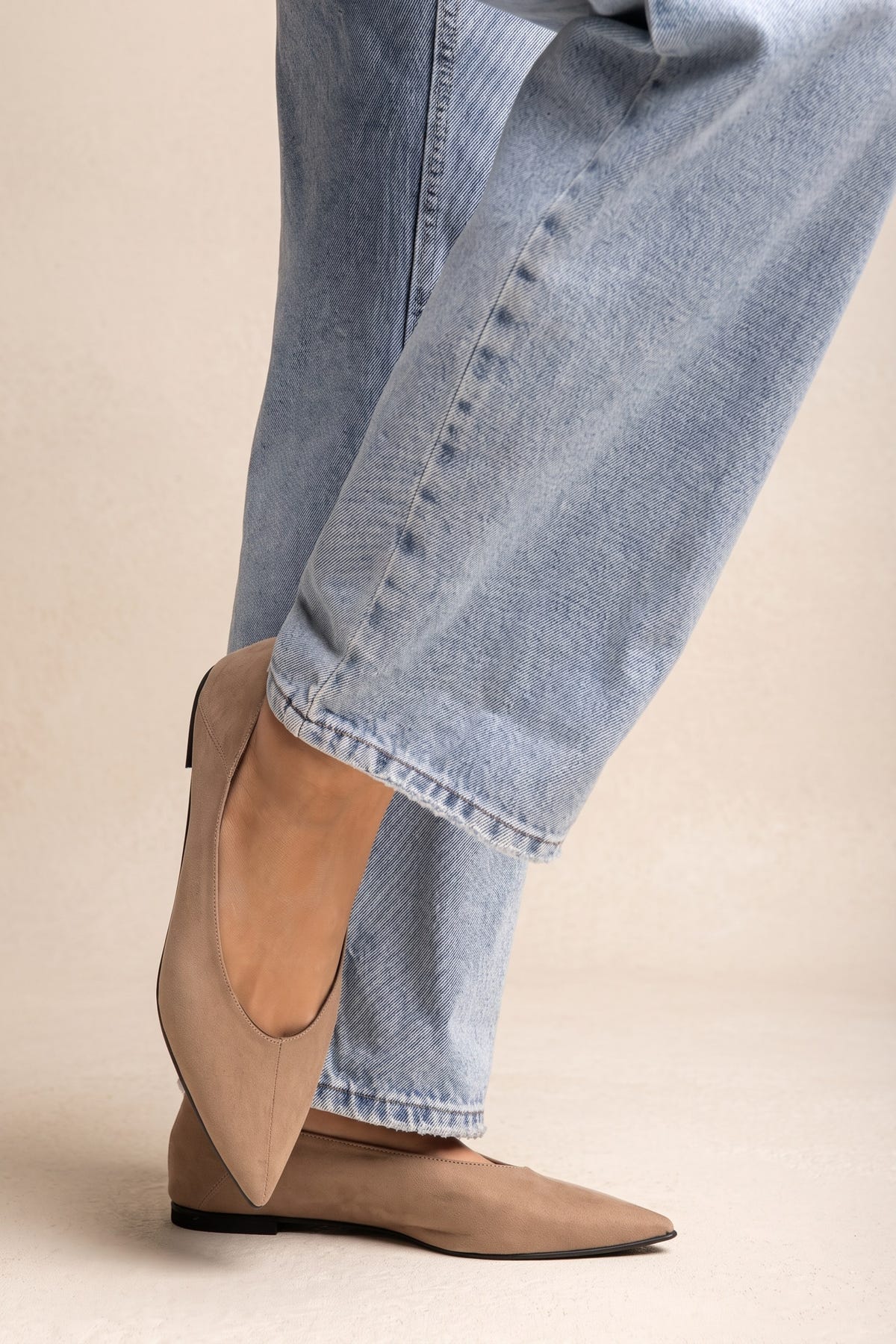 Pointed Toe Ballet Flats - Beige Suede