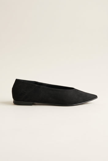 Pointed Toe Ballet Flats - Black Suede