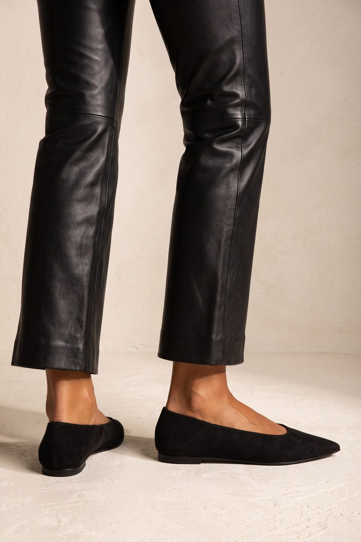 Pointed Toe Ballet Flats - Black Suede
