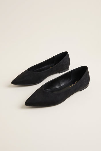 Pointed Toe Ballet Flats - Black Suede