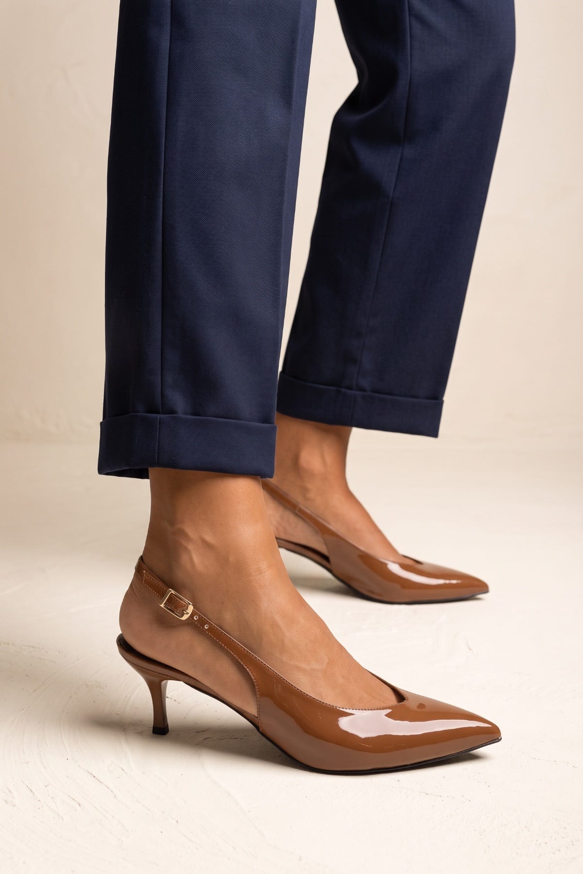 Slingback Pumps Pointed Toe - Tan Patent
