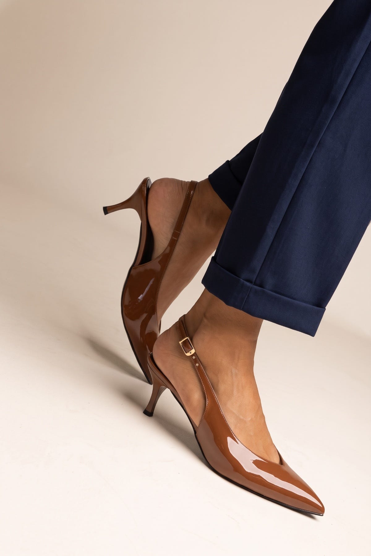 Slingback Pumps Pointed Toe - Tan Patent