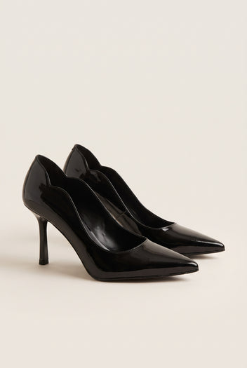 Stiletto Pumps Pointed Toe Scallop - Black Patent