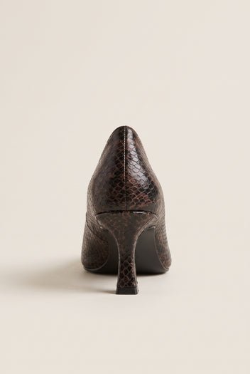 Back view of brown snake-print kitten heel pump showing the pointed heel counter and slim heel
