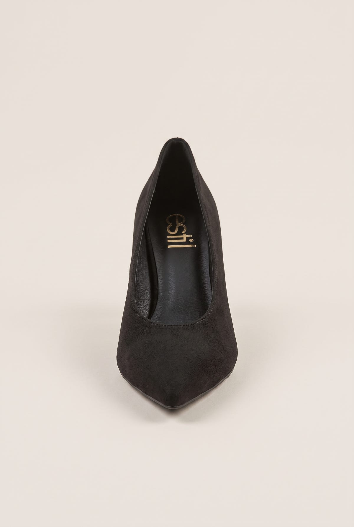 Front view of black suede pointed pump showing the narrow toe and smooth low-cut vamp