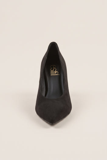 Front view of black suede pointed pump showing the narrow toe and smooth low-cut vamp