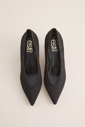 Top view of black suede pointed pumps with a low-cut vamp and black leather insoles