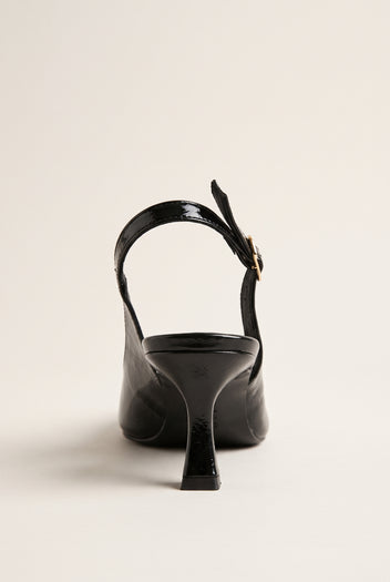 Back view of black patent slingback showing the strap across the heel and slim kitten heel