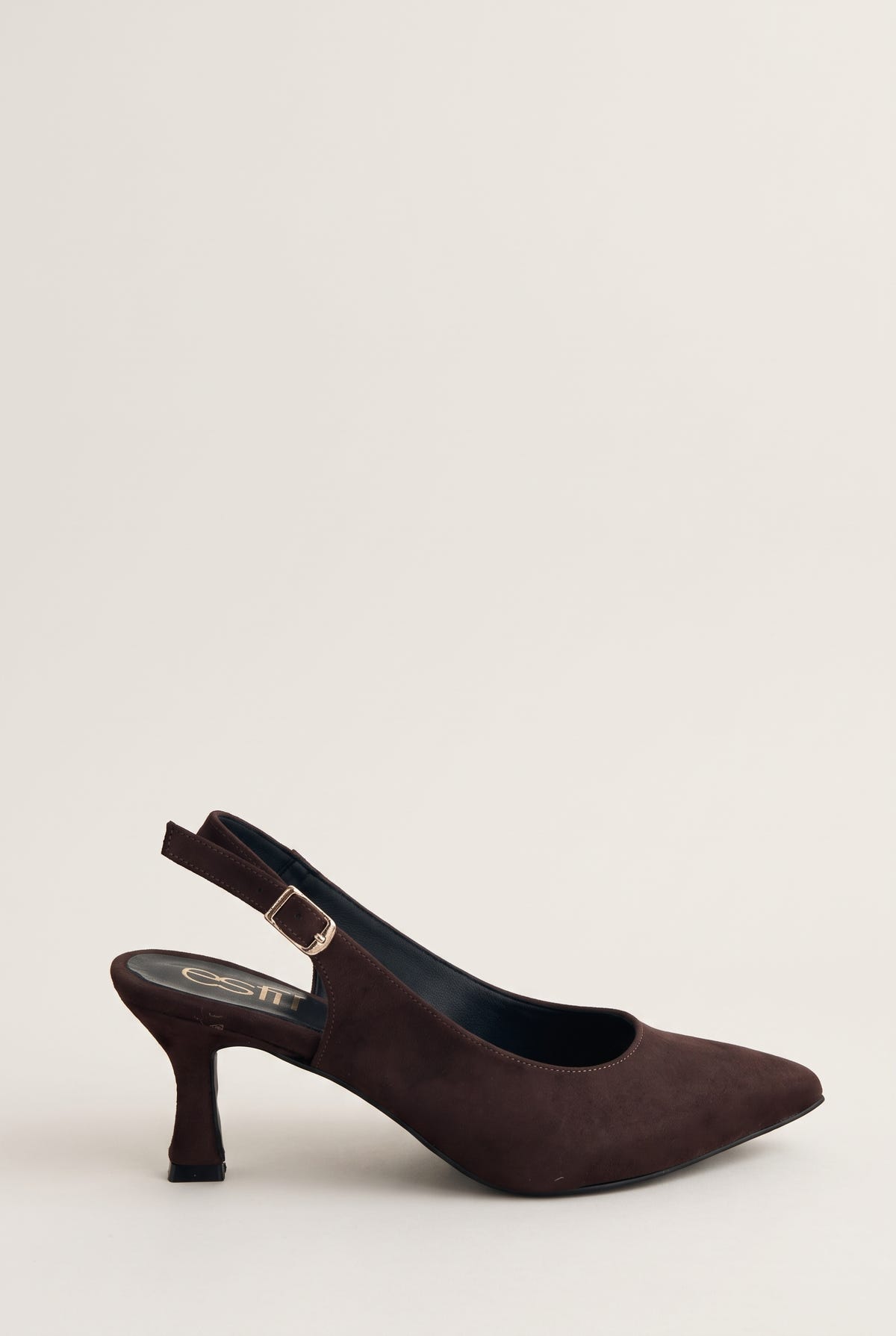Side view of brown suede slingback with pointed toe, buckled strap and slim kitten heel