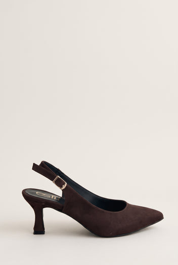 Side view of brown suede slingback with pointed toe, buckled strap and slim kitten heel