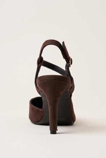 Rear side view of brown suede slingback pump showing open heel counter and slender stiletto heel