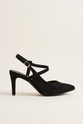 Side view of black suede pointed toe slingback pump with crossed ankle straps and slim stiletto heel