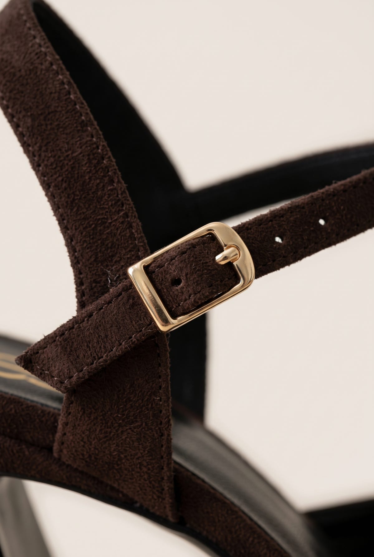 Close-up of gold buckle on a chocolate suede ankle strap beside the edge of a block heel pump