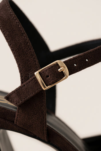 Close-up of gold buckle on a chocolate suede ankle strap beside the edge of a block heel pump