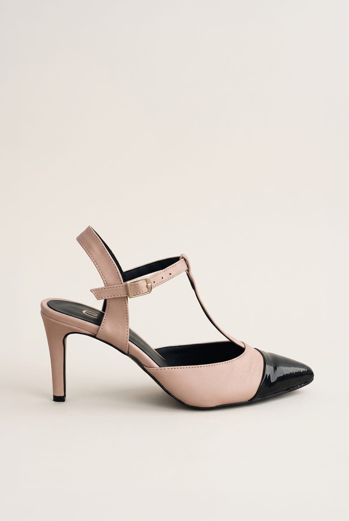 Stiletto Pumps T-Strap Pointed Toe - Nude Black Patent