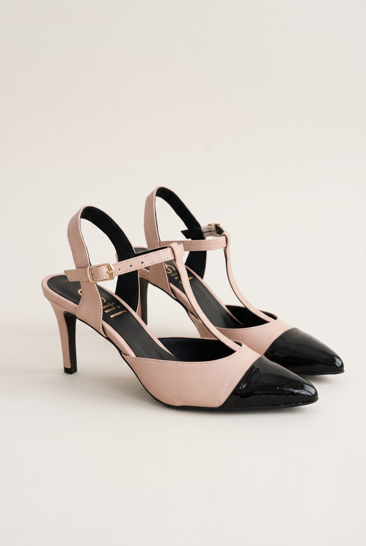 Stiletto Pumps T-Strap Pointed Toe - Nude Black Patent