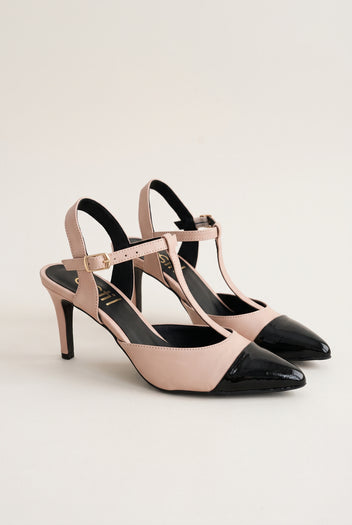 Stiletto Pumps T-Strap Pointed Toe - Nude Black Patent