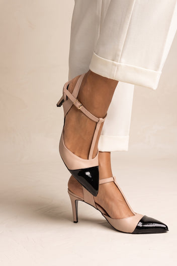 Stiletto Pumps T-Strap Pointed Toe - Nude Black Patent