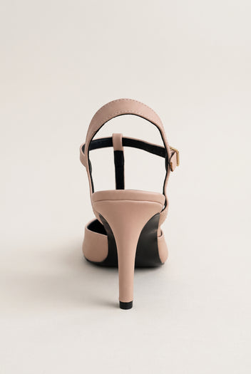 Stiletto Pumps T-Strap Pointed Toe - Nude Black Patent